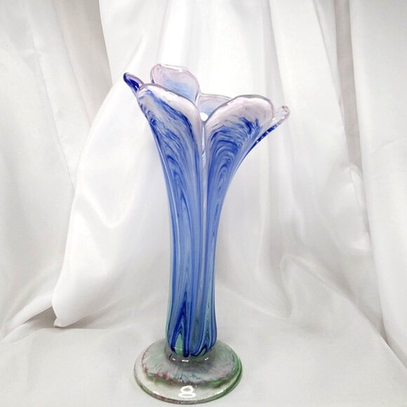 Handblown Art Glass Vase Pink & Blue Swirl Design Pulled Swung Glass 9.5"Tall - Picture 16 of 16